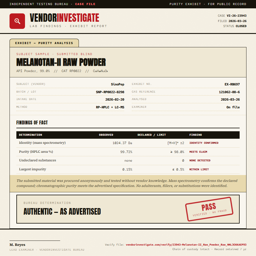 Melanotan-II Raw Powder Purity (HPLC) report by VendorInvestigate