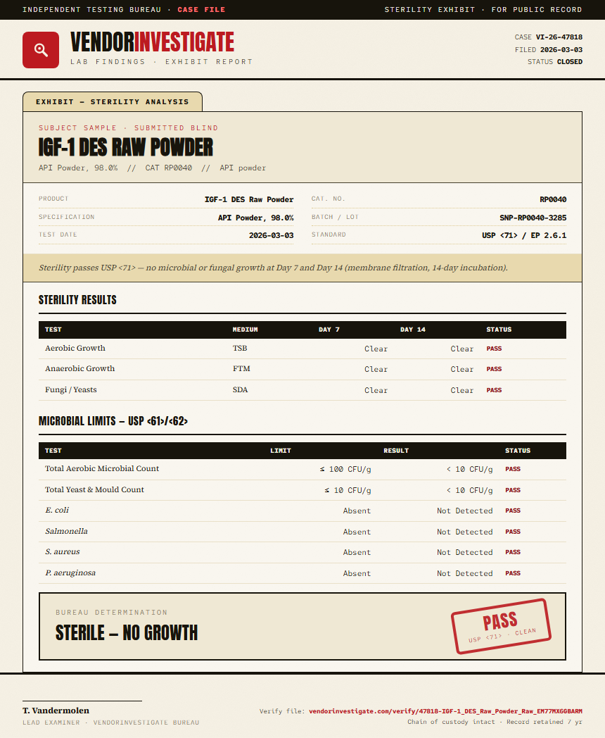 IGF-1 DES Raw Powder Sterility report by VendorInvestigate